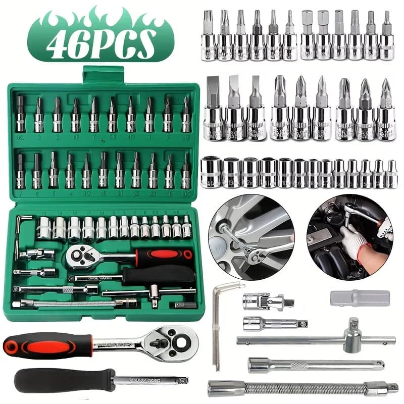 2025 New 46-piece Auto Repair Combination Ratchet Wrench Auto Maintenance Vehicle-mounted Socket Repair Set Tool Box