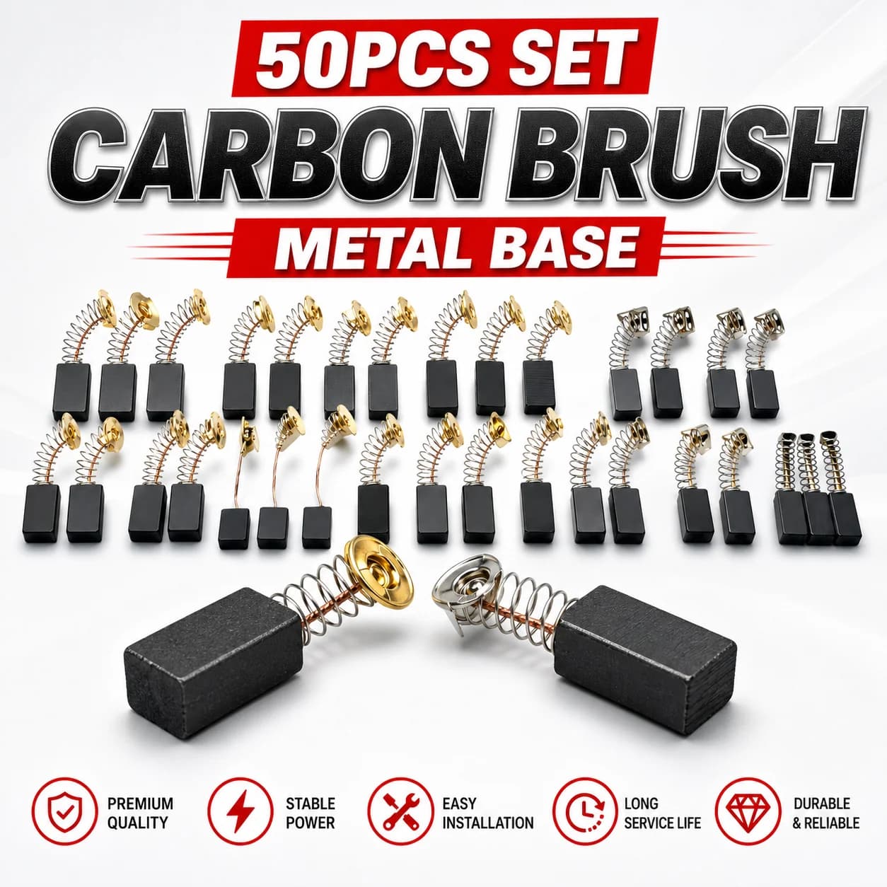 50pcs Heavy Duty Carbon Brushes, Metal Base Motor Brush Set, Drill Sander Grinder Repair Replacement Parts Kit