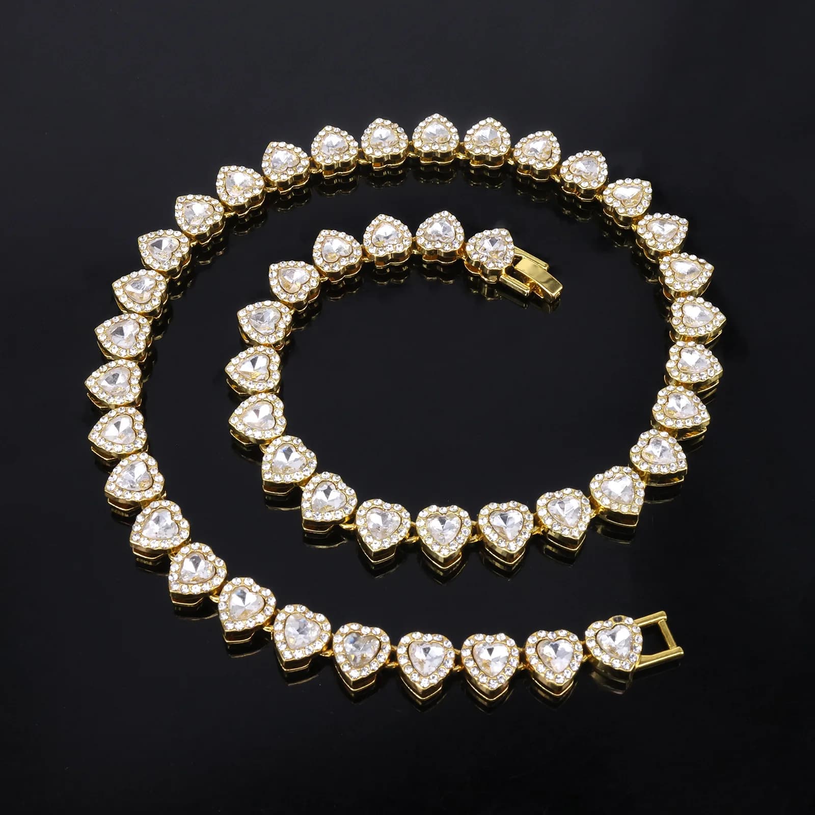 ZAKOL 45CM New Hip Hop Tennis Chain Bracelet Necklace Shiny Heart Rhinestone CZ Fashion Rock Party Jewelry Set