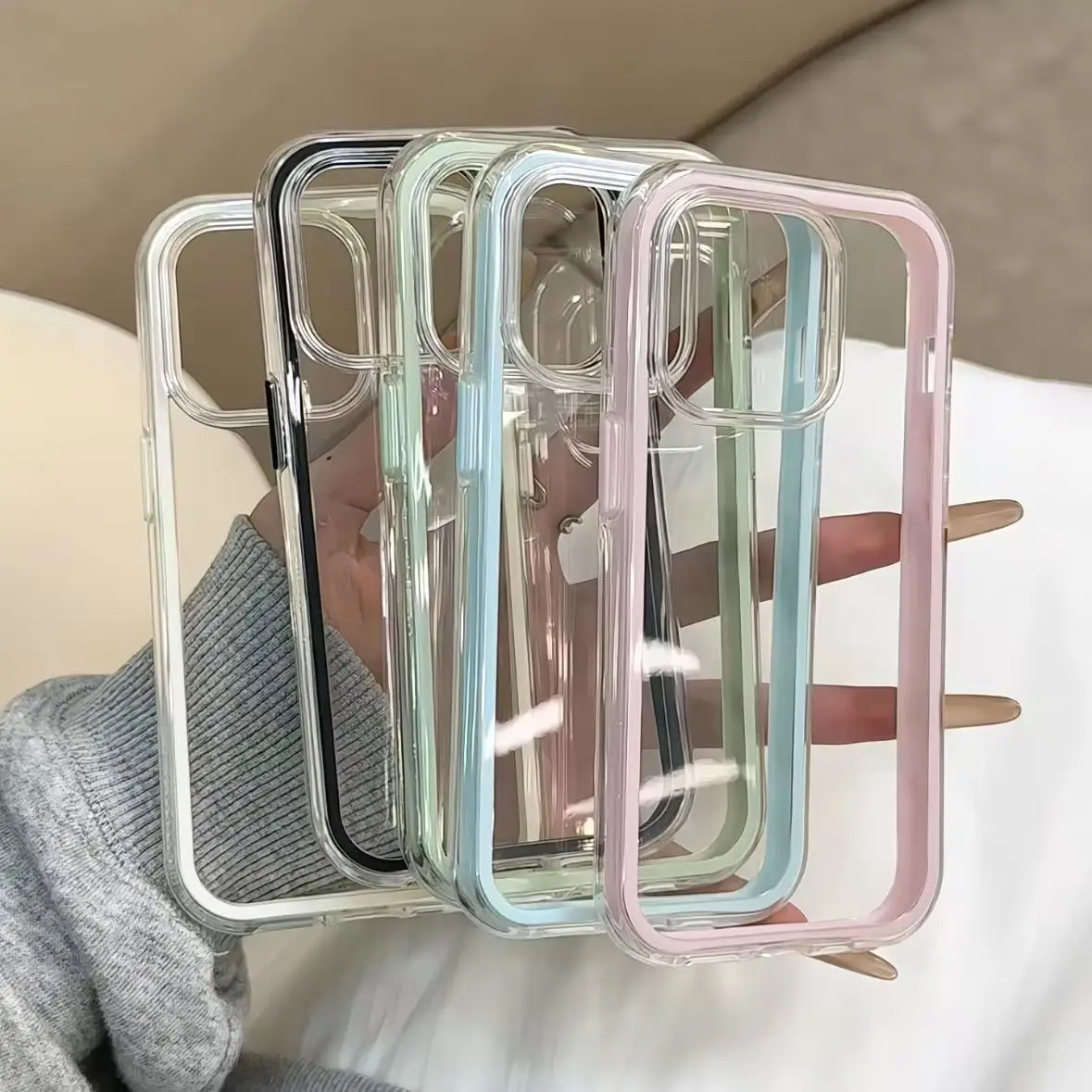 Luxury Candy Color Frame Clear Back Phone Case For iPhone 17 16 15 14 13 12 Pro Max 11 16PLUS 17 Acrylic Shockproof Bumper Cover