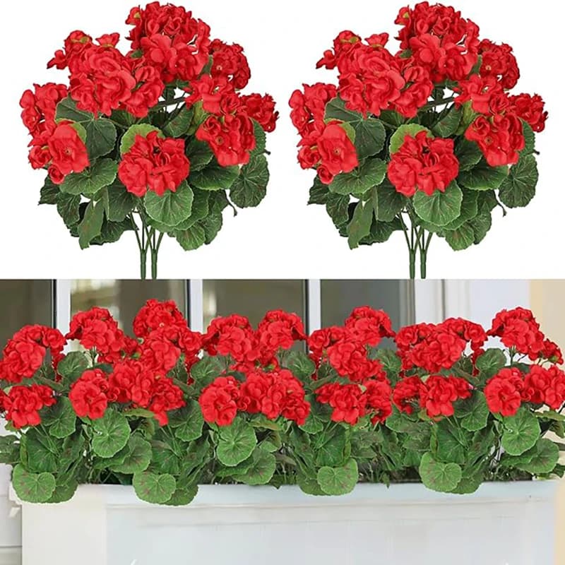 14in Artificial Geraniums Red Faux Flowers Silk Bouquet DIY Bushes for Outdoor Planters Porch Patio Home Wedding Fountain Decor