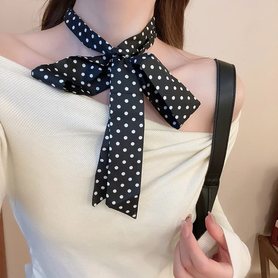Long Black White Polka Dot Chokers Necklaces for Women French Thin Soft Ribbon Neck Chain Party Formal Dress Accessories